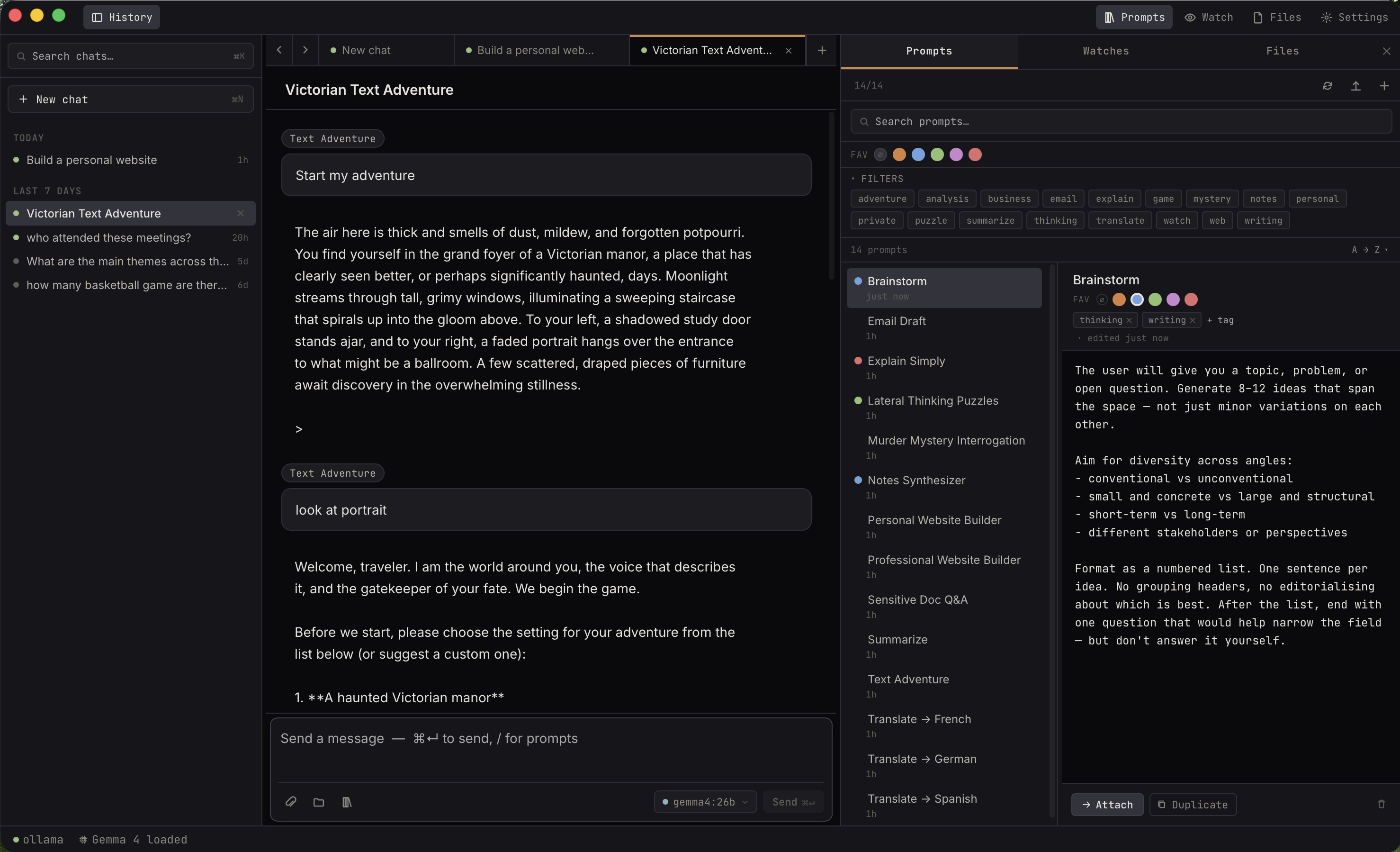 Ekorbia app — chat, prompt library, multi-tab UI